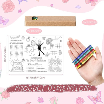 Pasimy 24 Set Wedding Activity for Kids Including 24 Pcs Wedding Coloring Placemats Books Sheets and 24 Pcs Coloring Crayons Individually Packaged for Reception Guest Party Favors, 15.7''x11''