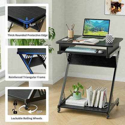 ALISENED Computer Desk for Small Spaces Compact Desk with Keyboard Tray | 23.6" Z-Shaped, with Wheels and Bottom Shelves, for Home Office, Computer Cart Mobile Laptop Cart, Black