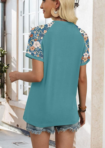 WIHOLL Womens Summer Tops Color Block Short Sleeve Raglan Shirts Spring Fashion Clothes Vacation Outfits