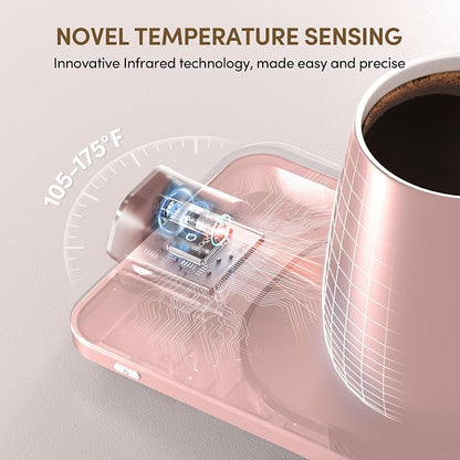 Coffee Cup Warmer & IKAGO Mug Set, 1℉ Precise Temp Control Mug Warmer | Auto Shut Off, Infrared Sensor, Dual Temp Display, ℉/℃ Optional, 15oz Mug with Spoon & Lid Included, Gifts for Men Women