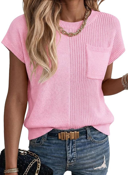 Dokotoo Summer Knit Tops for Women Sleeveless Crewneck T Shirts Casual Lightweight Sweater Blouses Shirts