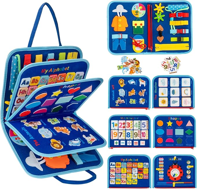 Toddler Busy Board Montessori Toys for 3 4 5 6Year Old, Preschool Learning Activities with Life Skills,ABC,123,Shape,Color,Animal,Weather,Toddler Travel Toys，Educational Activity Developing Sensory