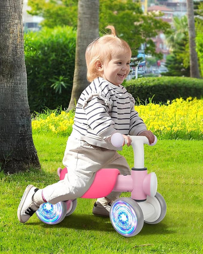 Balance Bike Toddler Outdoor Toys for 1 2 Year Old Girl Birthday Gifts | Baby Shower Gifts 4 Wheels Colorful Lighting Baby Bike with Music Ride On Toy for 1 2 Year Old