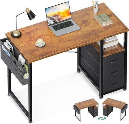 AODK 40 Inch Small Computer Desk with Fabric Drawers, Vintage | Mini Desk with Storage Shelf & Bag, Kids Study Desk for Bedroom, Home Office Desk for Small Space