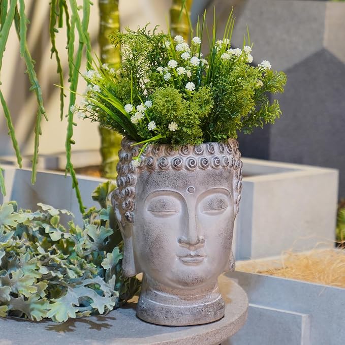 Buddha - Face Flower Pot - Head Planters - Garden Statue - Cactus Succulents Planter Pot Indoor Outdoor Planter with Drainage Hole Unique Garden Farmhouse Decor 6.25*6.5*8.25 Inch Newman House Studio