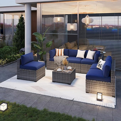 Aoxun Patio Furniture Sets, 7-Piece Outdoor Patio Furniture with Thick Cushions, Wicker Outdoor Conversation Set Sectional Sofa for Backyard, Poolside, Garden