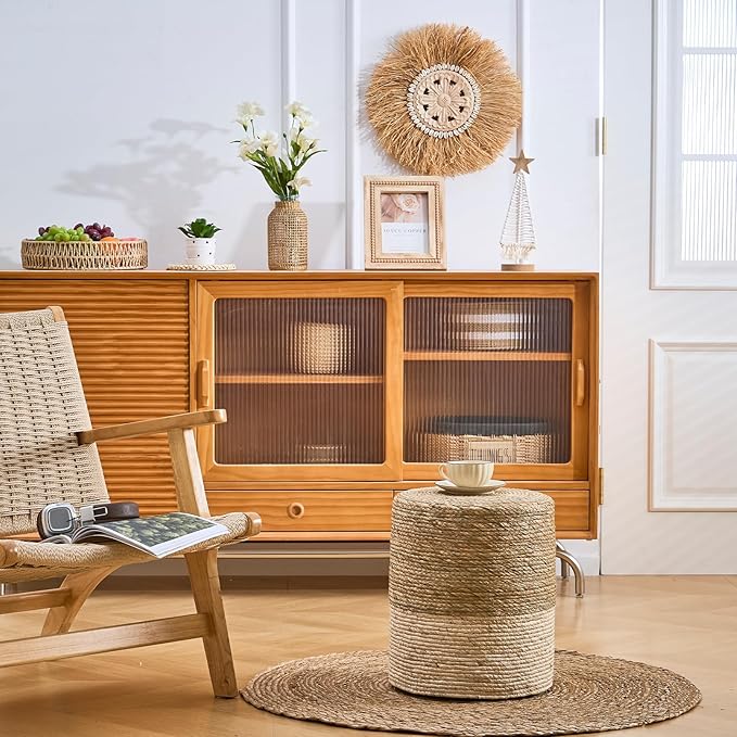 Wimarsbon Ottoman Poufs, 100% Natural Seagrass Pouffe, Hand Weave Round Footstool with Wood Frame, Sitting Braided Footrest, Home Boho Decorative Seat, Accent Chair for Living Room, Bedroom