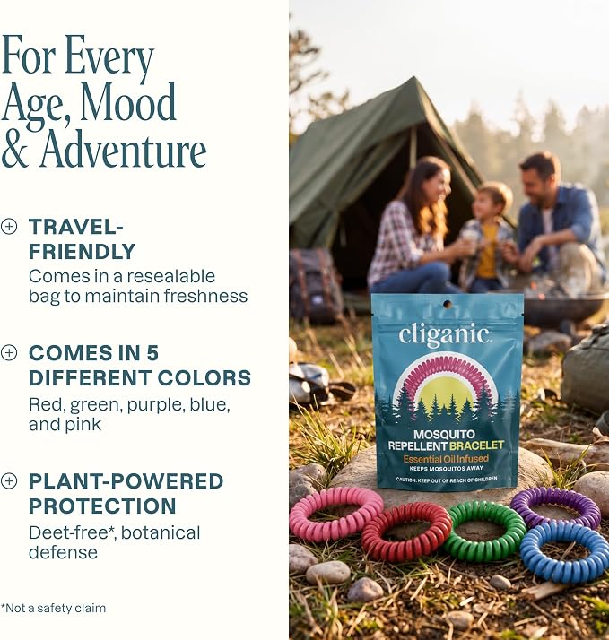 Cliganic 10 Pack Mosquito Repellent Bracelets for Adults & Kids (Rainbow Colors) - Natural DEET-Free Bands, Individually Wrapped