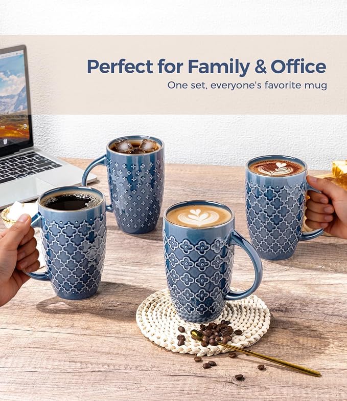 AmorArc Large Coffee Mugs Set of 4, 20oz Tall Coffee Mugs Set | with Texture Patterns for Cappuccino, Latte,Hot Cocoa, Dishwasher & Microwave Safe-Moonlight Blue