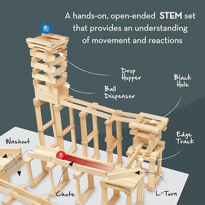 MindWare KEVA Contraptions, Wooden Blocks Building Set, Marble Run Kit, Includes 2 Balls - 400 Planks