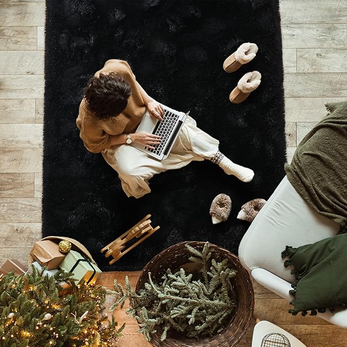Softlife Rug for Bedroom 4x5.3 Feet Area Rug for Living Room Super Soft Shaggy Rugs for Kids Room Fluffy Fuzzy Carpets Long Plush Bedside Rug Nursery Christmas Home Decoration for Boys Girls, Black