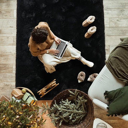 Softlife Rug for Bedroom 4x5.3 Feet Area Rug for Living Room Super Soft Shaggy Rugs for Kids Room Fluffy Fuzzy Carpets Long Plush Bedside Rug Nursery Christmas Home Decoration for Boys Girls, Black