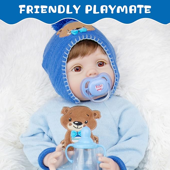 Milidool Lifelike Reborn Baby Dolls -22 Inch Realistic Newborn Soft Body Boy Baby Doll Real Life Baby Dolls with Gift Box Complete Accessories Kids Age 3+ Gifts, Pretend Play, Collection