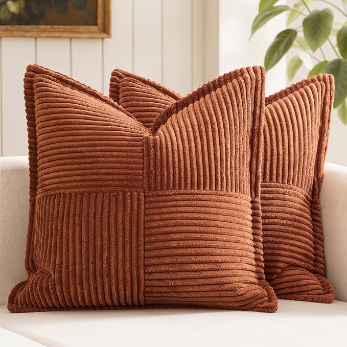 MIULEE Fall Dark Rust Decorative Throw Pillow Covers for Couch Bed Livingroom 16x16 Inch Set of 2 Boho Accent Throw Pllows Broadside Striped Patchwork Soft Corduroy Pillowcases, Terracotta