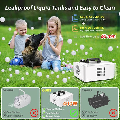 Wisdomlit Fog Bubble Machine, 2-in-1 No-Spill Smoke Bubble Machine (White) | 400W Power, 2 Bubble Modes, 8000+ Colorful or Fog-filled Bubbles, Great for Indoor Outdoor Halloween Party