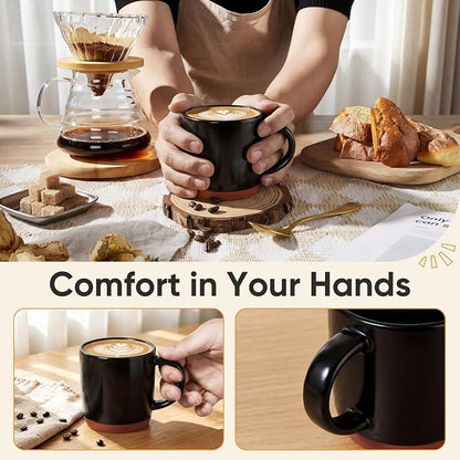 E-far Ceramic Coffee Mug Set of 4, 12oz Stoneware Coffee Cup with Handle, Porcelain Tea Cups, Modern Farmhouse Latte Mug Gift Set for Women & Men, Microwave Safe, Matte Black