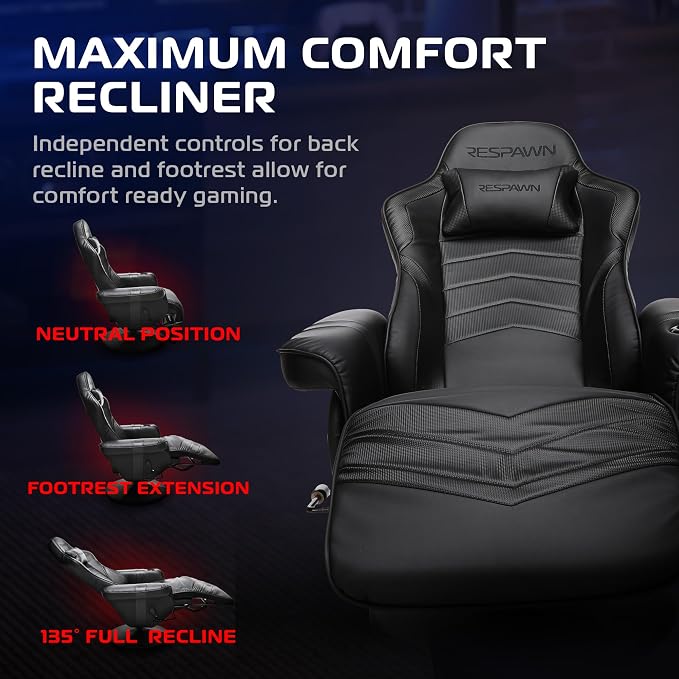 Respawn 900 Gaming Recliner Chair with Footrest, Cup Holder and Swivel | Ergonomic gaming recliner with footrest, cup holder, lumbar support, 135° recline & 360° swivel for console gaming