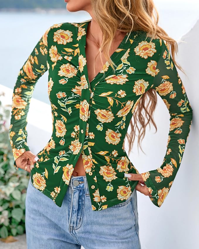 BTFBM Button Down Shirts for Women 2026 Fall Boho Tops V Neck Long Sleeve Blouses Ruched Mesh Fitted Fashion Clothing
