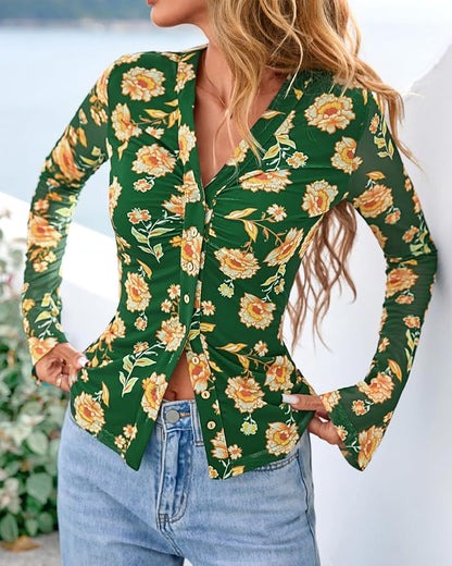 BTFBM Button Down Shirts for Women 2026 Fall Boho Tops V Neck Long Sleeve Blouses Ruched Mesh Fitted Fashion Clothing