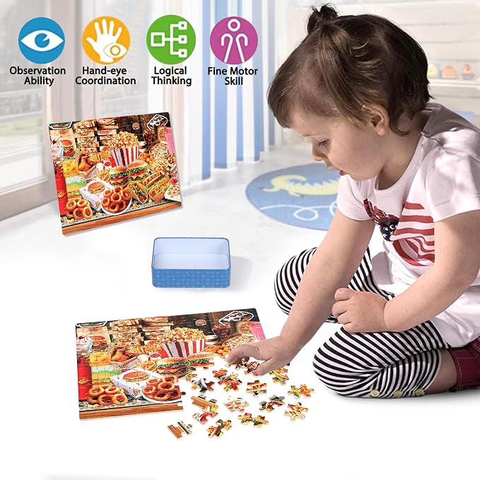 LELEMON Puzzles for Kids Ages 4-6,Hamburger Foods 100 Piece Puzzles for Kids Ages 4-8 in a Metal Box, Educational Jigsaw Puzzles 100 Piece Puzzle Games Puzzle Toys for Girls and Boys