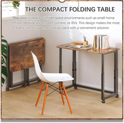 4NM No Tool Assembly 31.5" Small Desk, Folding Portable Desk with Wheels, Adjustable Height Foldable Computer Home Office Desks, Collapsible Study Writing Table for Space Saving Bedroom - Rustic Brown
