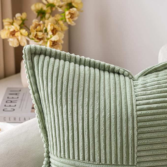 MIULEE Spring Decorative Throw Pillow Covers for Couch Bed Livingroom 16x16 Inch Set of 2 Sage Green Boho Accent Throw Pllows Broadside Striped Patchwork Soft Corduroy Pillowcases
