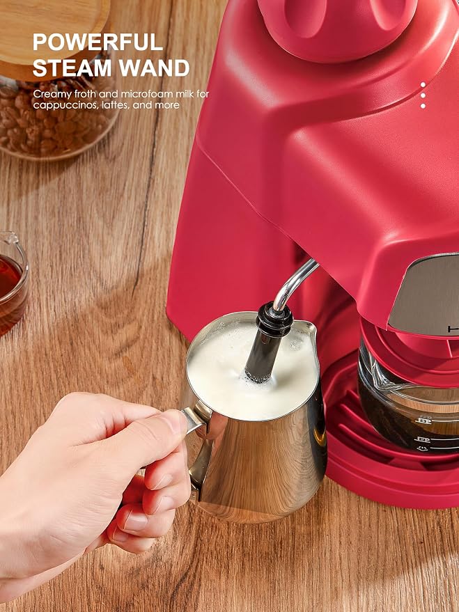 Ihomekee Espresso Machine, 3.5Bar Espresso and Cappuccino Machine | Preheating Function, 4 Cup Coffee Maker with Milk Frothing Function and Steam Wand (Red)