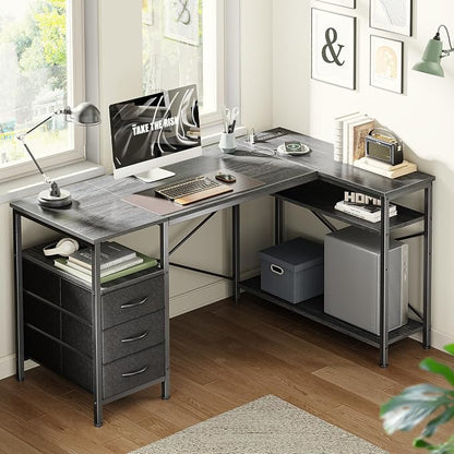 Huuger L Shaped Office Desk with Power Outlets, 47 Inch Computer Desk with 3 Drawers, Shelves, for Gaming, Corner Work, Home Office, Study, Grey