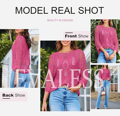 EVALESS Womens Crochet Hollow Out Knit Tops Half Sleeve Spring Summer Sweaters Beach Cover Ups for Women Trendy 2026