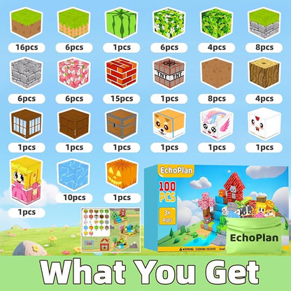 EchoPlan Magnetic Blocks, 100PCS Magnetic Building Blocks to Build a 3D World, Sensory Construction Stacking Magnet Blocks Toy for Kids Ages 3+, Boys and Girls Christmas Birthday Gifts