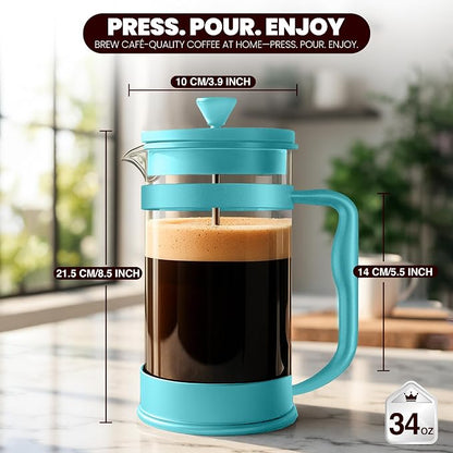 Utopia Kitchen Borosilicate Glass French Press Coffee Maker 34 Oz, Aqua | Heat-Resistant Cafetiere & Tea Maker, Thickened Glass Coffee Press for Travel and Camping
