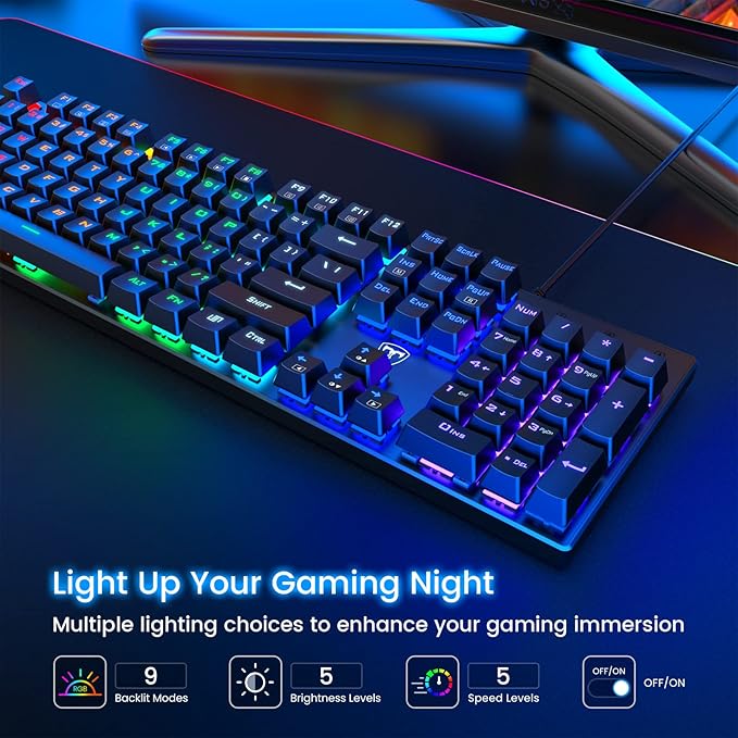 RisoPhy Mechanical Gaming Keyboard, RGB 104 Keys Ultra-Slim LED Backlit USB Wired Keyboard with Blue Switch, Durable Abs Keycaps/Anti-Ghosting/Spill-Resistant Computer Keyboard for PC Mac Xbox Gamer | 104 Keys, RGB LED Backlit, Durable Abs Keycaps, Ant...