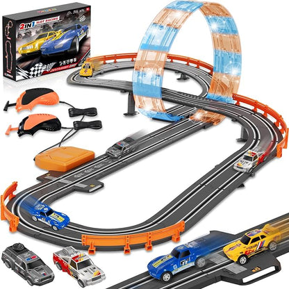 Slot Car Race Track Sets for Boys Age 4 5 6 7 8-12, Electric Race Car Track with 4 High-Speed Racing Car, Dual Racing Game Lap Counter Circular Overpass Track, Christmas Birthday Gifts Toys for Kids