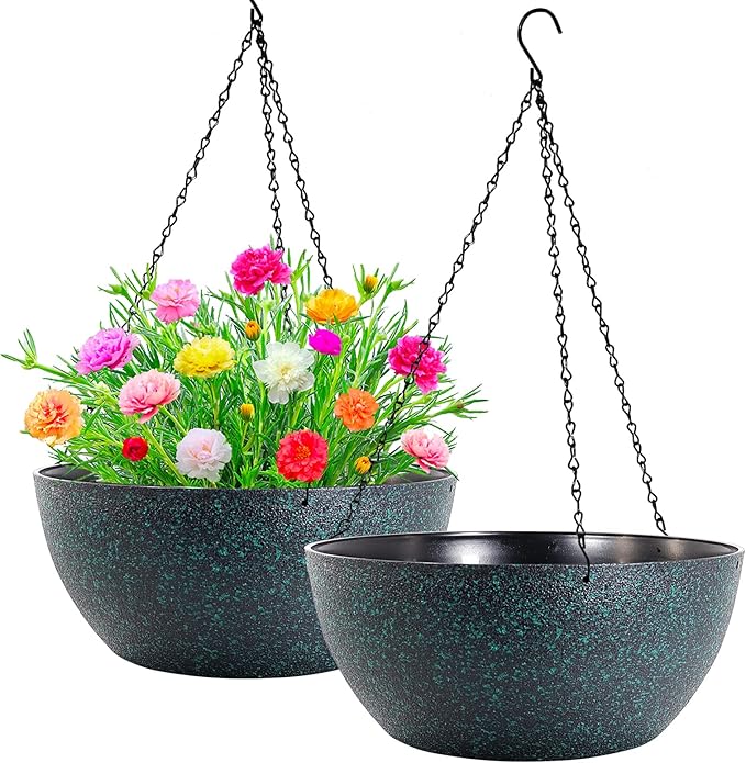 WOUSIWER 13 inch 2 Pack Large Hanging Planters for Indoor Outdoor Plants with Drainage Holes and Chain, Round Hanging Flower Pots for Garden Home Porch Decor, Black with Green Speckles