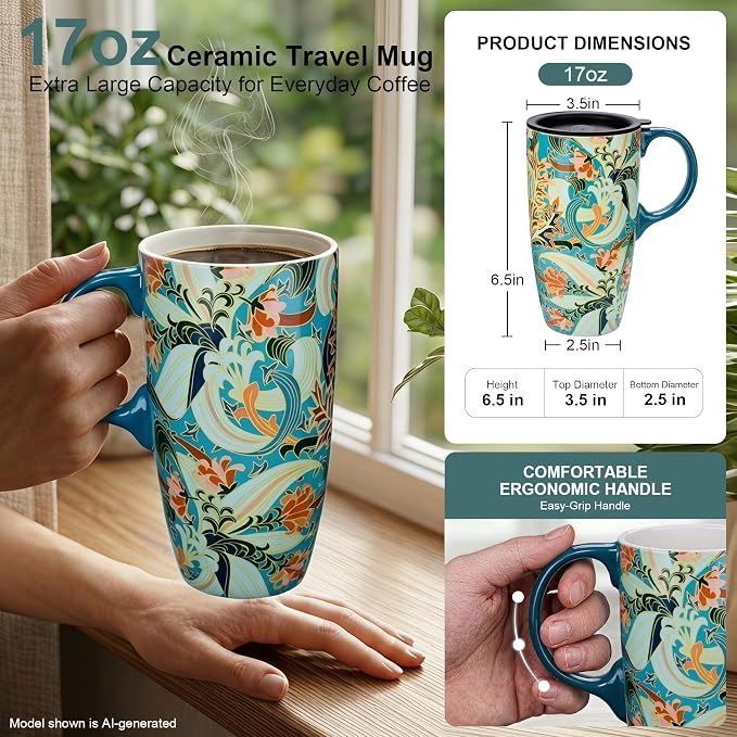 Topadorn 17oz Ceramic Travel Mug with Lid, Art Nouveau Floral Coffee Mug | Vintage Blue Botanical Latte Cup, Microwave & Dishwasher Safe Gift Mug for Home Office Commute