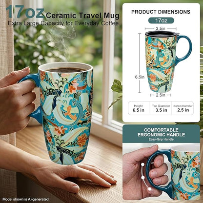 Topadorn 17oz Ceramic Travel Mug with Lid, Art Nouveau Floral Coffee Mug | Vintage Blue Botanical Latte Cup, Microwave & Dishwasher Safe Gift Mug for Home Office Commute