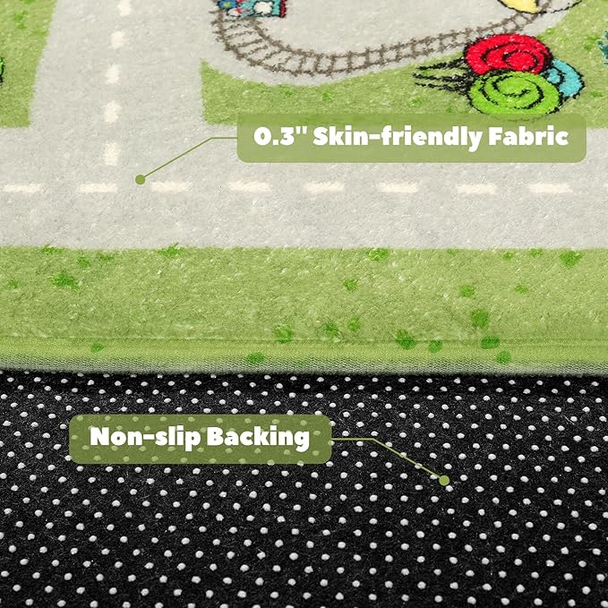 LIVEBOX Green Kids Rug for Kids Room, 3'x5' Washable Road Rug for Playroom, Non-Slip Soft Toy Car Rug for Baby Nursery, Small City Traffic Playmat for Boys Girls Dorm Bedroom Tent