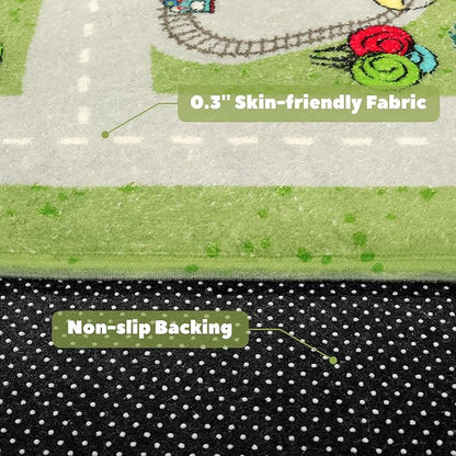 LIVEBOX Green Kids Rug for Kids Room, 3'x5' Washable Road Rug for Playroom, Non-Slip Soft Toy Car Rug for Baby Nursery, Small City Traffic Playmat for Boys Girls Dorm Bedroom Tent