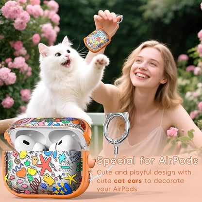 for AirPods Pro 2 Case with Cleaning Kit, Cute Cat Ear Print Design & Cute Buckle for Girls, Phone Holder & Top Safe Lock Buckle Design for AirPods Pro 2nd/1st Gen case, Orange Seaworld