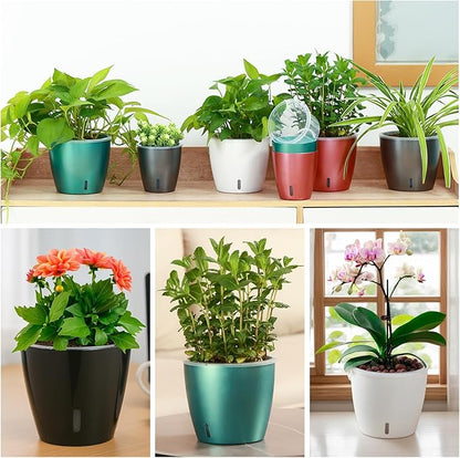 Self Watering Pots for Indoor Plants, 6-Pack 5'' Self Watering Planter with Drainage Holes, Small African Violet Pots with Water Indicator, Clear Wick Orchid Pot, Grey