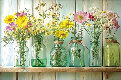Floral Vintage Glass Jars Jigsaw Puzzle 500 Pieces for Adults Wildflower Bouquet Flowers Puzzle with Letters on Back Fun Challenge Puzzle for Game Night for Seniors & Family（23x15 Inch）
