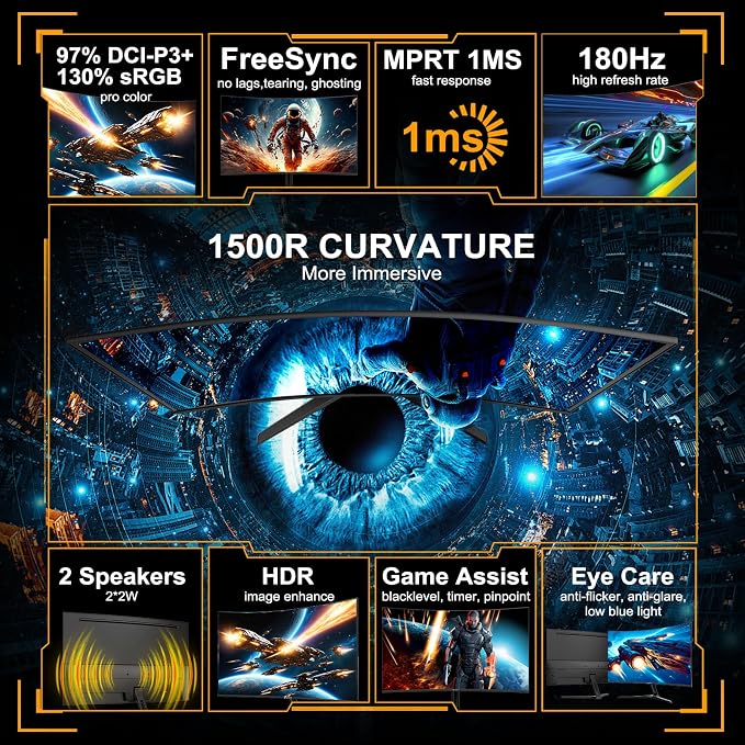 SANSUI 24 Inch Curved Gaming Monitor up to 180Hz MPRT 1ms with Built-in Speakers,FHD 1080P Computer Monitor Freesync 130% sRGB HDR,HDMI DP Ports VESA Mount Metal Stand(ES-G24C1 HDMI Cable Included)