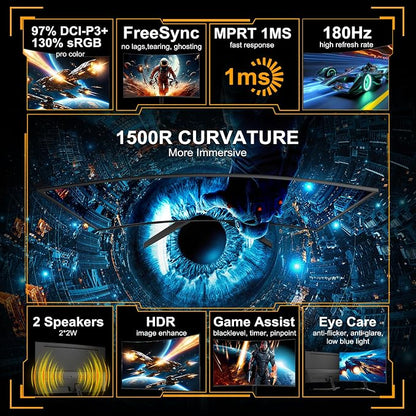 SANSUI 24 Inch Curved Gaming Monitor up to 180Hz MPRT 1ms with Built-in Speakers,FHD 1080P Computer Monitor Freesync 130% sRGB HDR,HDMI DP Ports VESA Mount Metal Stand(ES-G24C1 HDMI Cable Included)