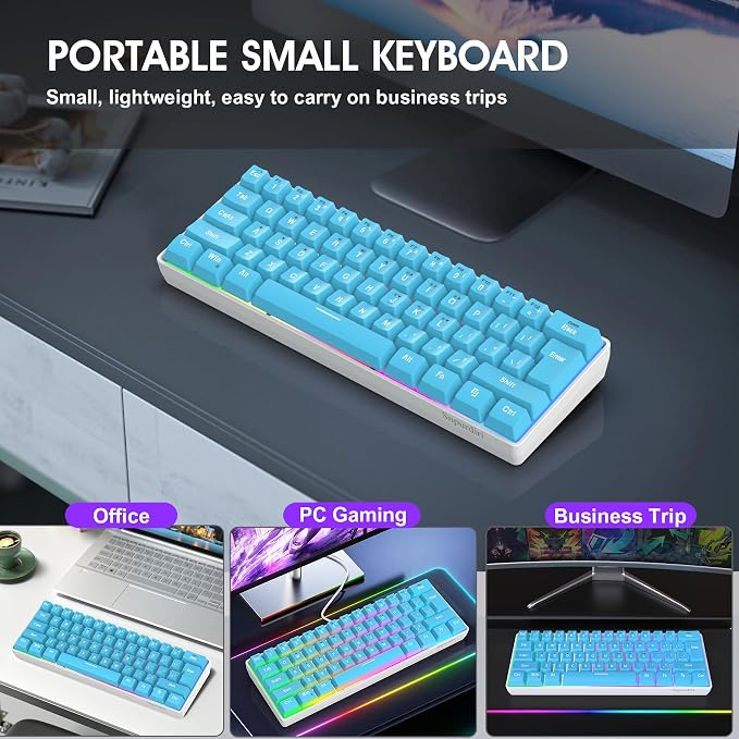 Snpurdiri 60% Wired Gaming Keyboard, 61 Keys RGB (Blue) | Small Ultra-Compact Backlit 60 Percent Gaming Keyboard for PC/Mac Gamer, Typist, Travel, Easy to Carry on Business Trip