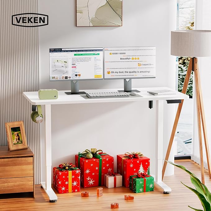 Veken Standing Desk, White, 55×23.6 Inch | Height Adjustable Sit Stand Up Computer Tables for Home Office, Study , Writing, Suit students, employees and group work