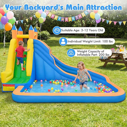 Costzon Inflatable Water Slide, Giant Bouncy Waterslide Park for Kids Backyard Outdoor Fun w/550w Blower, Climbing, Splash Pool, 2-pcs, Blow up Water Slides Inflatables for Kids 3-12 Party Gift