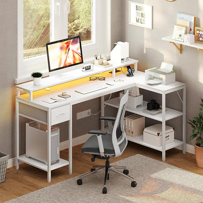 DUMOS 53 Inch Gaming Desk, L Shaped Desk, LED Lights | Monitor Stand, Storage Shelves, Computer Table, USB Charging Ports, Power Outlets, Small Spaces, White