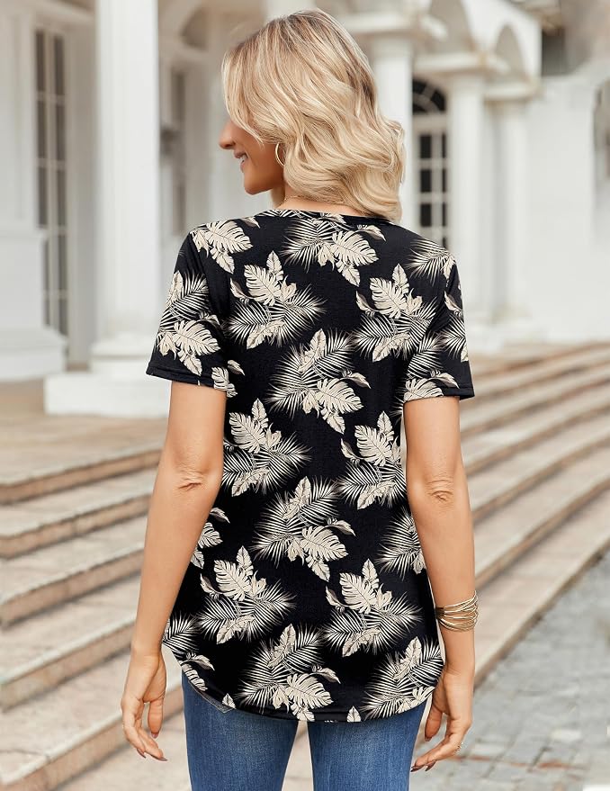 Zeagoo Womens Short Sleeve Tops Summer Henley V-Neck Tshirts Casual Pleated Blouse Dressy Loose Floral Basic Tee