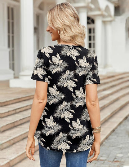 Zeagoo Womens Short Sleeve Tops Summer Henley V-Neck Tshirts Casual Pleated Blouse Dressy Loose Floral Basic Tee