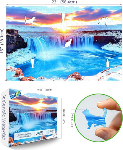 Winter Icelandic Waterfalls Landscape 500 Piece Puzzles for Adults,Nature Puzzles for Adults 500 Pieces with HD Print & Poster, 15" X 23" Dust Free, for Gifts Halloween Christmas Family Games